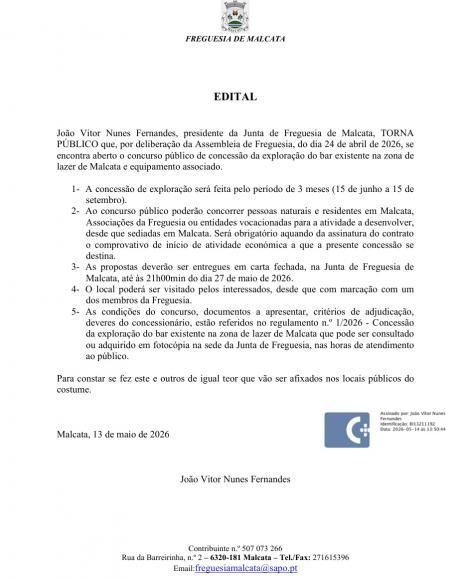 EDITAL - Concess&atilde;o de explora&ccedil;&atilde;o do Bar existente na Zona de Lazer de Malcata